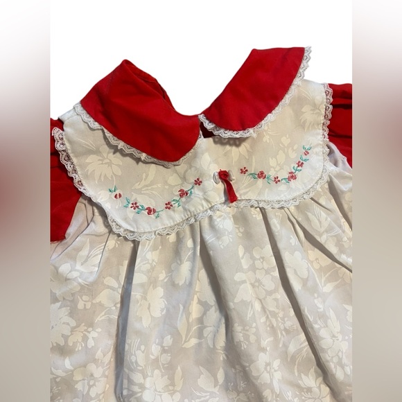 MAYFAIR vintage twirl toddler 24m Red Pinny Christmas cottage Pinafore dress 70s - Picture 5 of 12